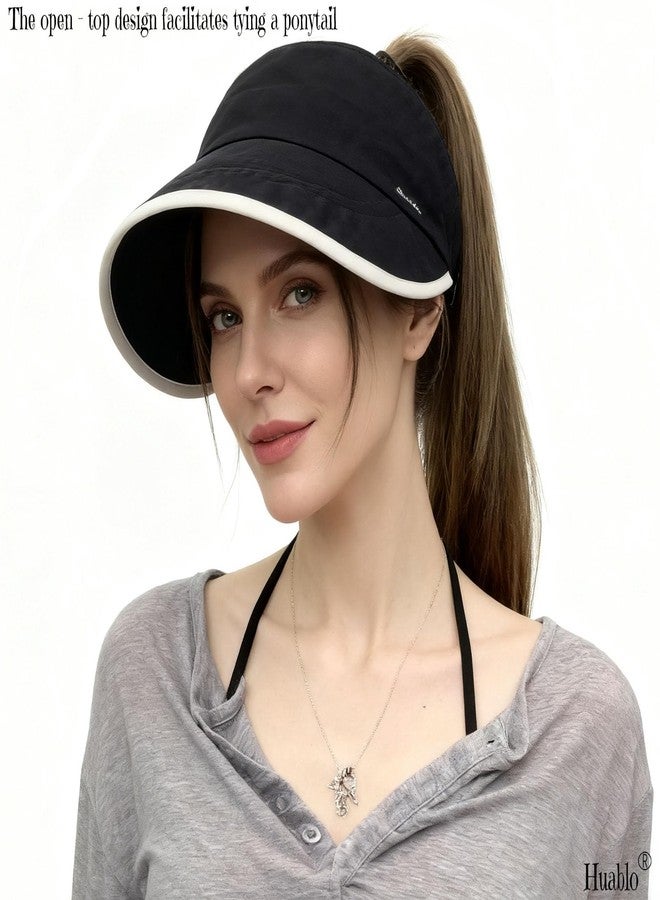 huablo Women Visor Ponytail Sun Hat for Outdoor Uv Protection Wide Brim Sun Hats Packable Golf Running Visor Piping Black - Image 2